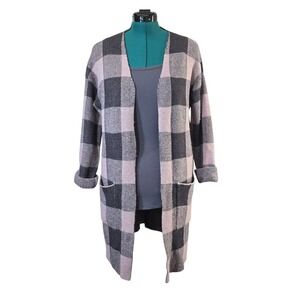 Active USA Duster Cardigan Open Front Plaid Knit Longline Pockets‎ Large